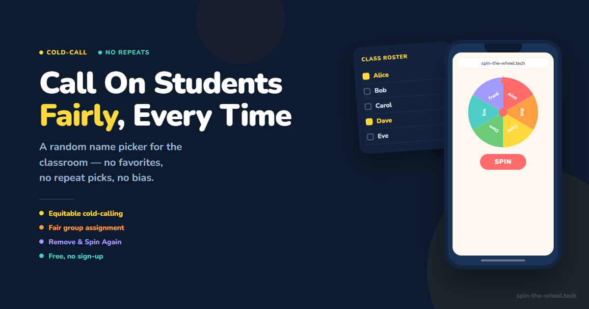 A random name picker showing a class roster with checked-off students next to a spinning wheel
