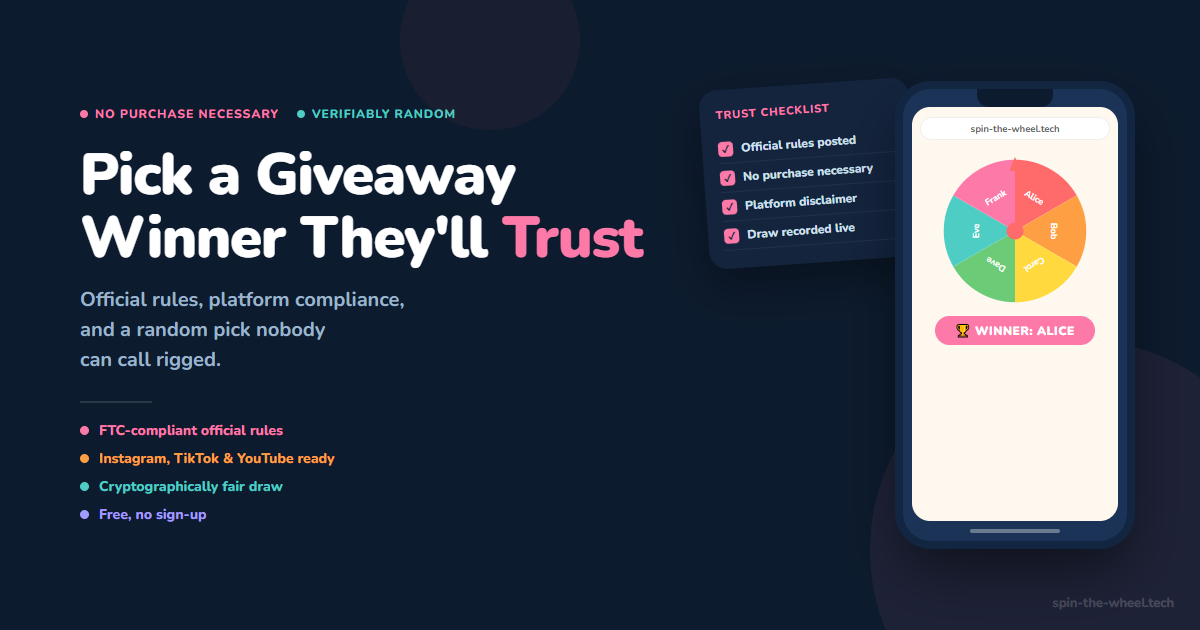A phone showing a spin wheel giveaway winner pick next to a trust checklist covering official rules, no purchase necessary, and a live-recorded draw