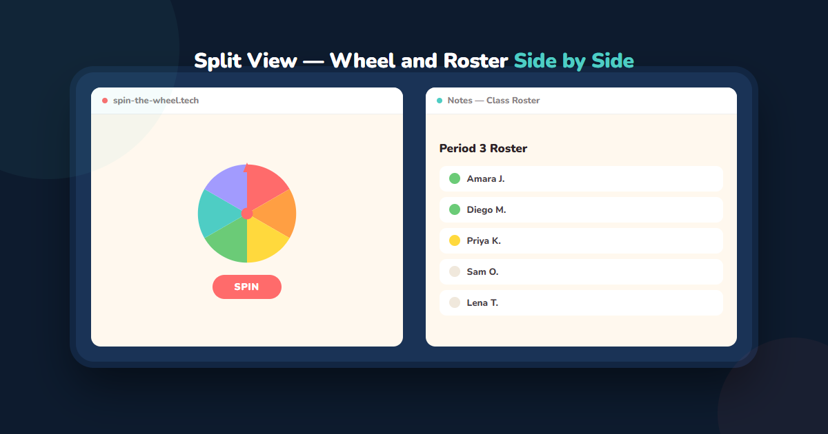Split View on iPad showing Spin the Wheel in one pane and a class roster in Notes in the other pane, side by side